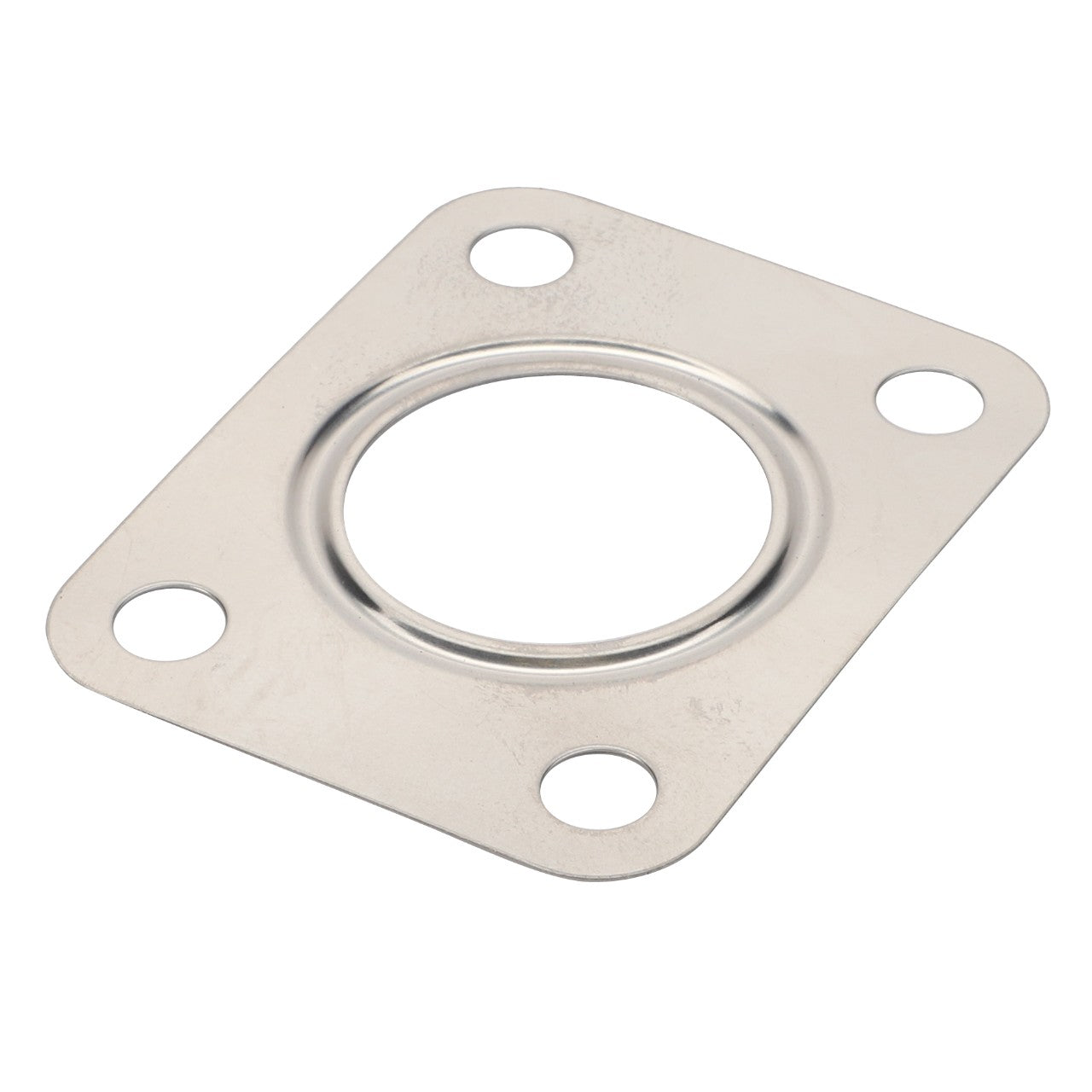 No current product description available for the AGCO | Gasket - Acp0310420, featuring a square metal design with a circular central opening and four bolt holes in the corners.