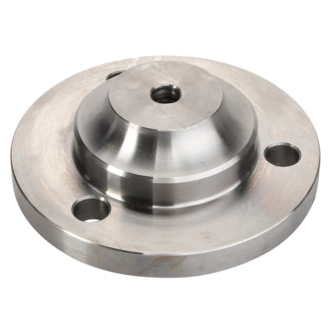 The AGCO | Pin - La321942950 is a robust silver metal flange with a central threaded hole and three surrounding bolt holes. It boasts a flat base and a raised, tapered center section for ensuring secure attachment and stability in diverse applications.