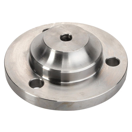 The AGCO | Pin - La321942950 is a robust silver metal flange with a central threaded hole and three surrounding bolt holes. It boasts a flat base and a raised, tapered center section for ensuring secure attachment and stability in diverse applications.