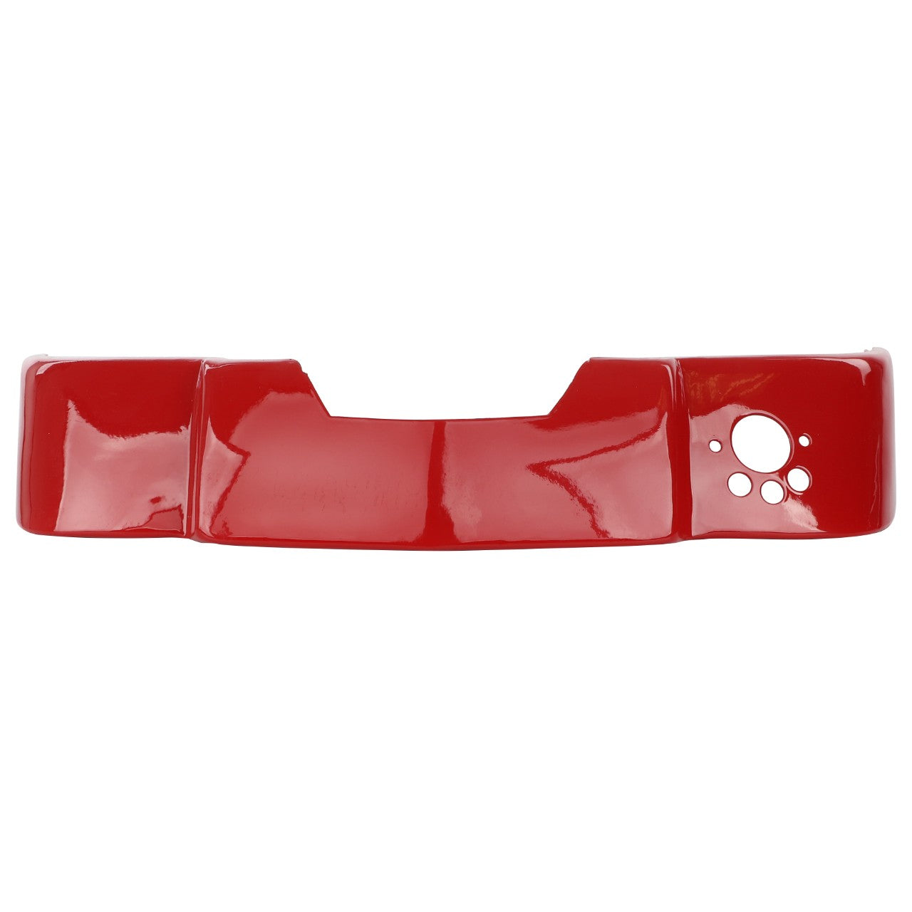 A shiny red metal hood cover for the instrument panel, featuring several circular holes on one end. This product is referred to as AGCO | Cover, Hood, Instrument Panel, Low - Acp0316090 from the AGCO brand.