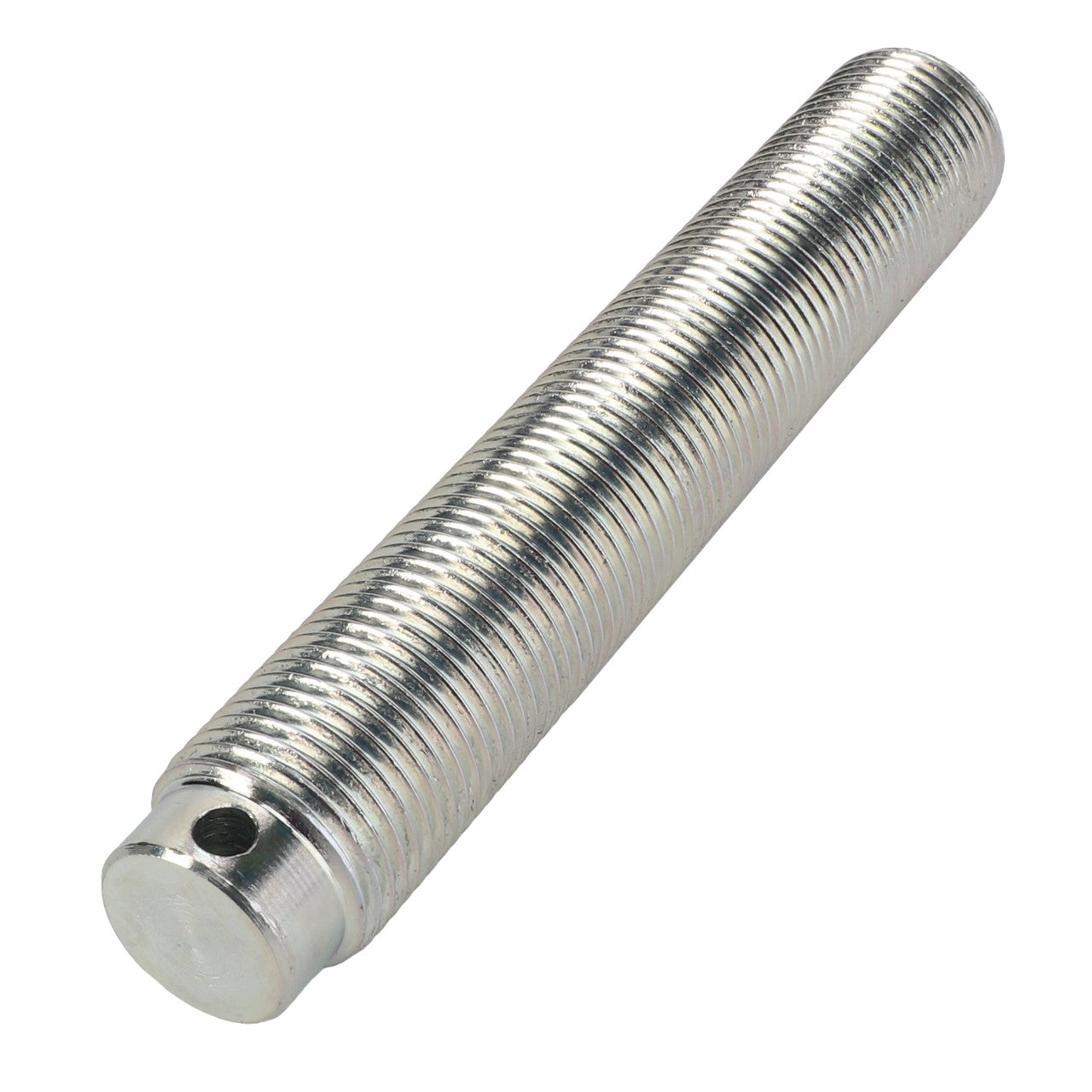 The AGCO | Threaded Bar, Lift Rod - Acp0498460 by AGCO is a metal threaded rod featuring a hole near one end, frequently utilized in hitch assemblies as part of AGCO Parts linkage components.