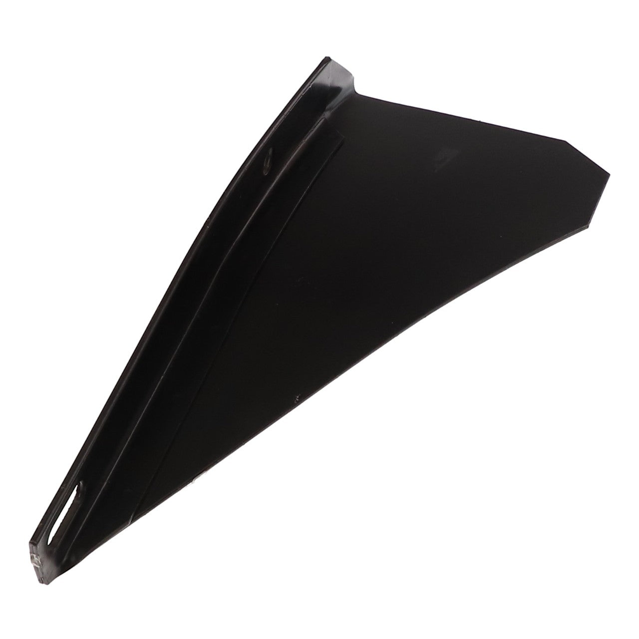 A black, triangular plastic object with a smooth surface and a small slot near one edge sits before you. This sleek item is the AGCO Right Hand Deflector, model D49060064.