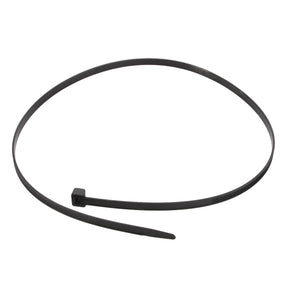 The AGCO | CABLE TIE - D45080015 is a durable black zip tie that features a square locking mechanism on one end and a tapered tip on the other, neatly coiled in a circular shape.