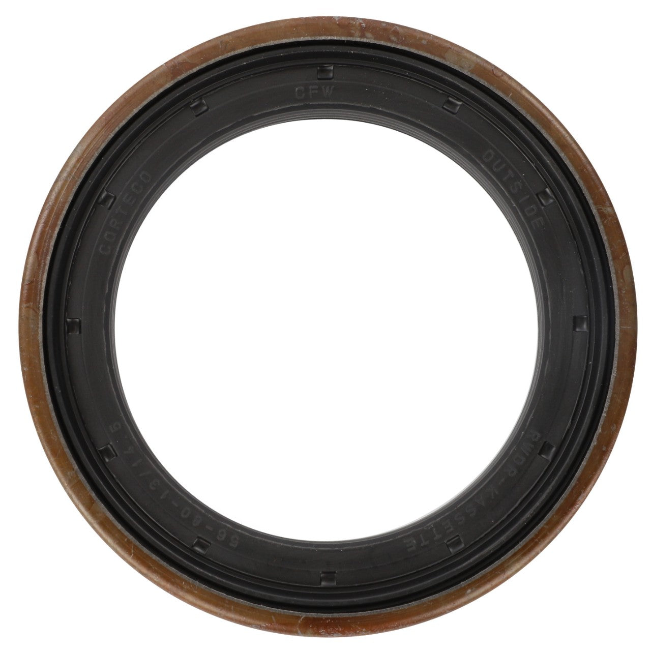 A circular, black rubber sealing washer with a metal ring, featuring the text “OUT-SIDE” and “INSIDE” engraved along the edge. This product is identified as AGCO | Sealing Washer - F411301021190 from the brand AGCO. No current product description available.