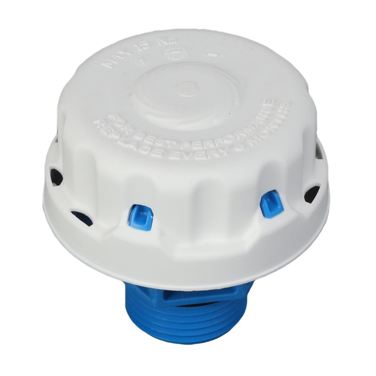 The AGCO Hydraulic Tank Filter Breather - Acx0102560 is depicted as a white plastic, cylindrical device with blue accents and multiple small openings. The bottom part includes a blue threaded connection point. No further product description information is currently available.