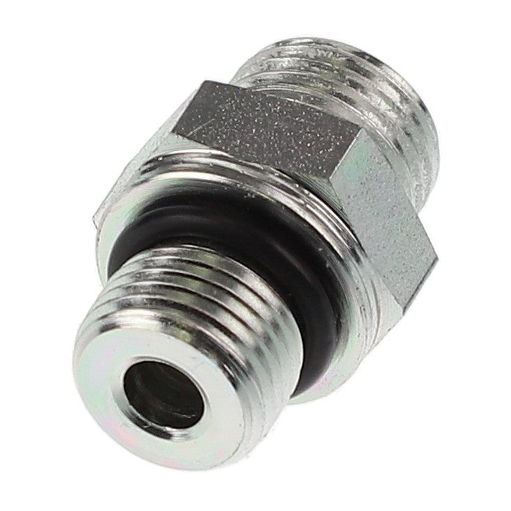 The AGCO Union - Acw1965760 is a metallic threaded fitting featuring a central hole and a black rubber ring in its middle section. Currently, no additional product description information is available for this item.