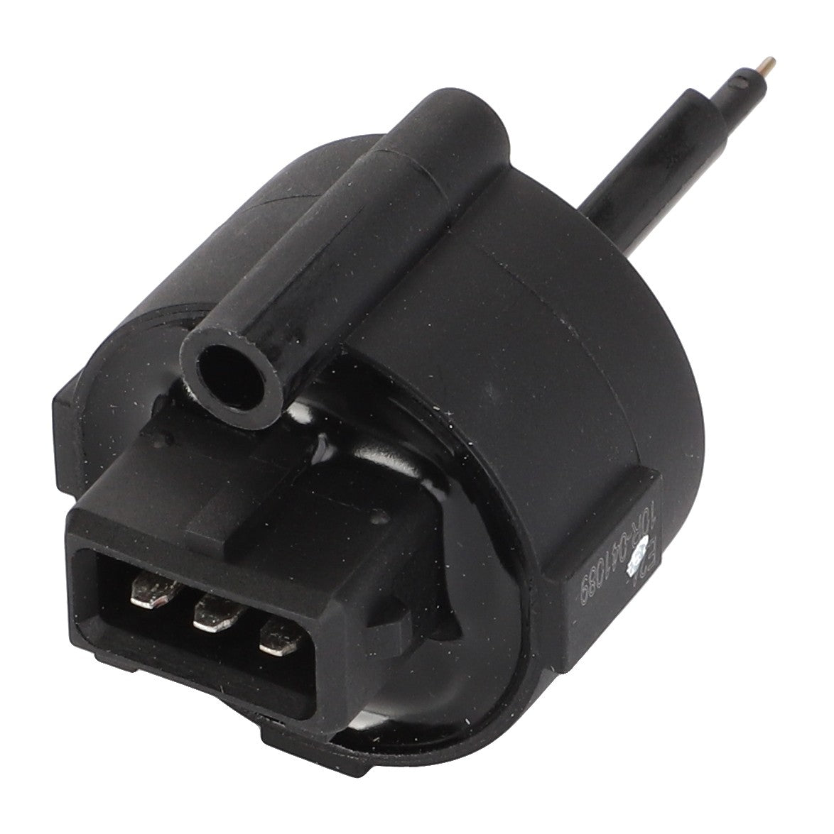 A close-up view of the AGCO Sensor - Acp0310260, a sleek black cylindrical electronic component featuring a three-pronged connector and a protruding pin.