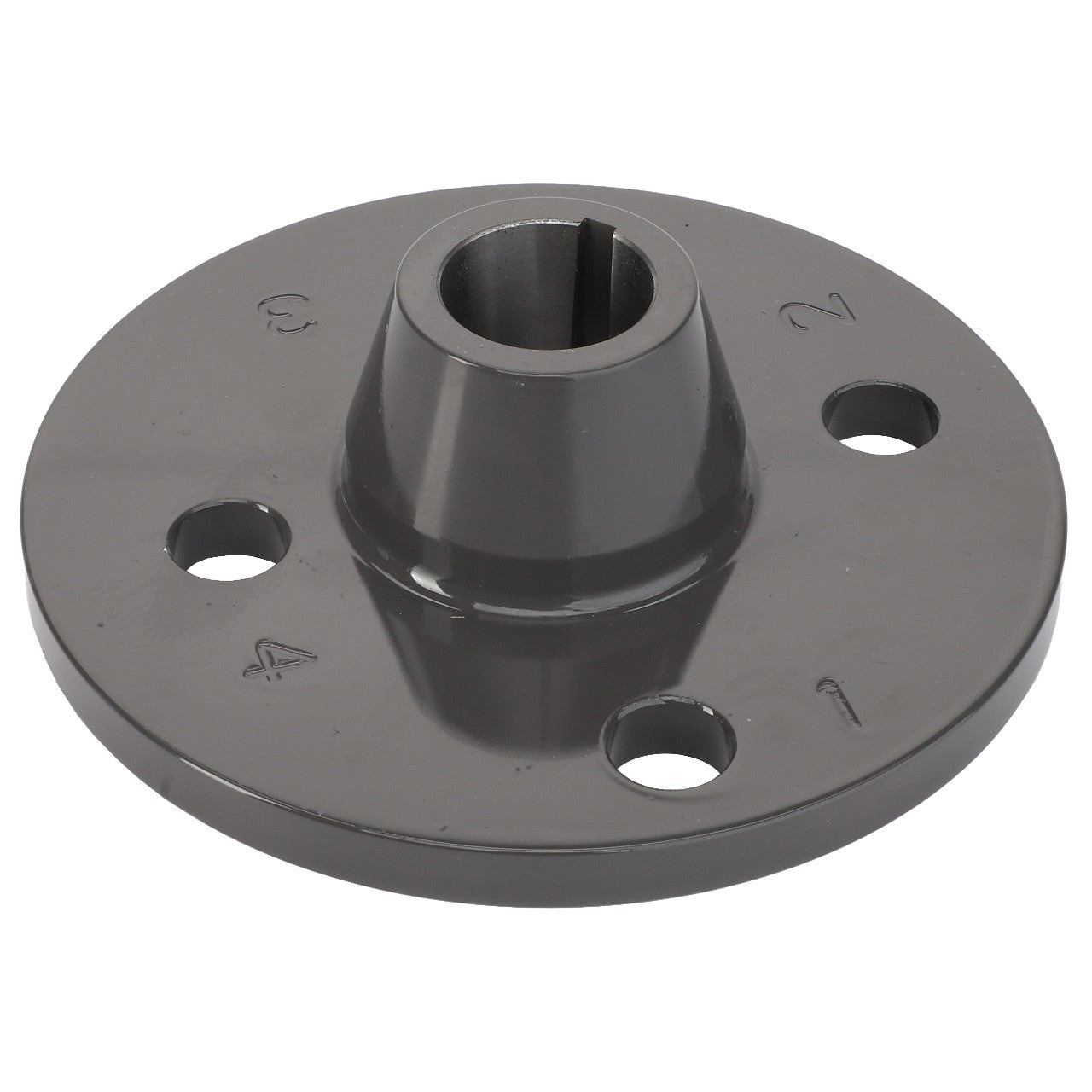 The AGCO Flange - Acx3000550 is a metal flange featuring a central cylindrical hole and four precisely numbered bolt holes positioned around the perimeter.