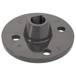 The AGCO Flange - Acx3000550 is a metal flange featuring a central cylindrical hole and four precisely numbered bolt holes positioned around the perimeter.