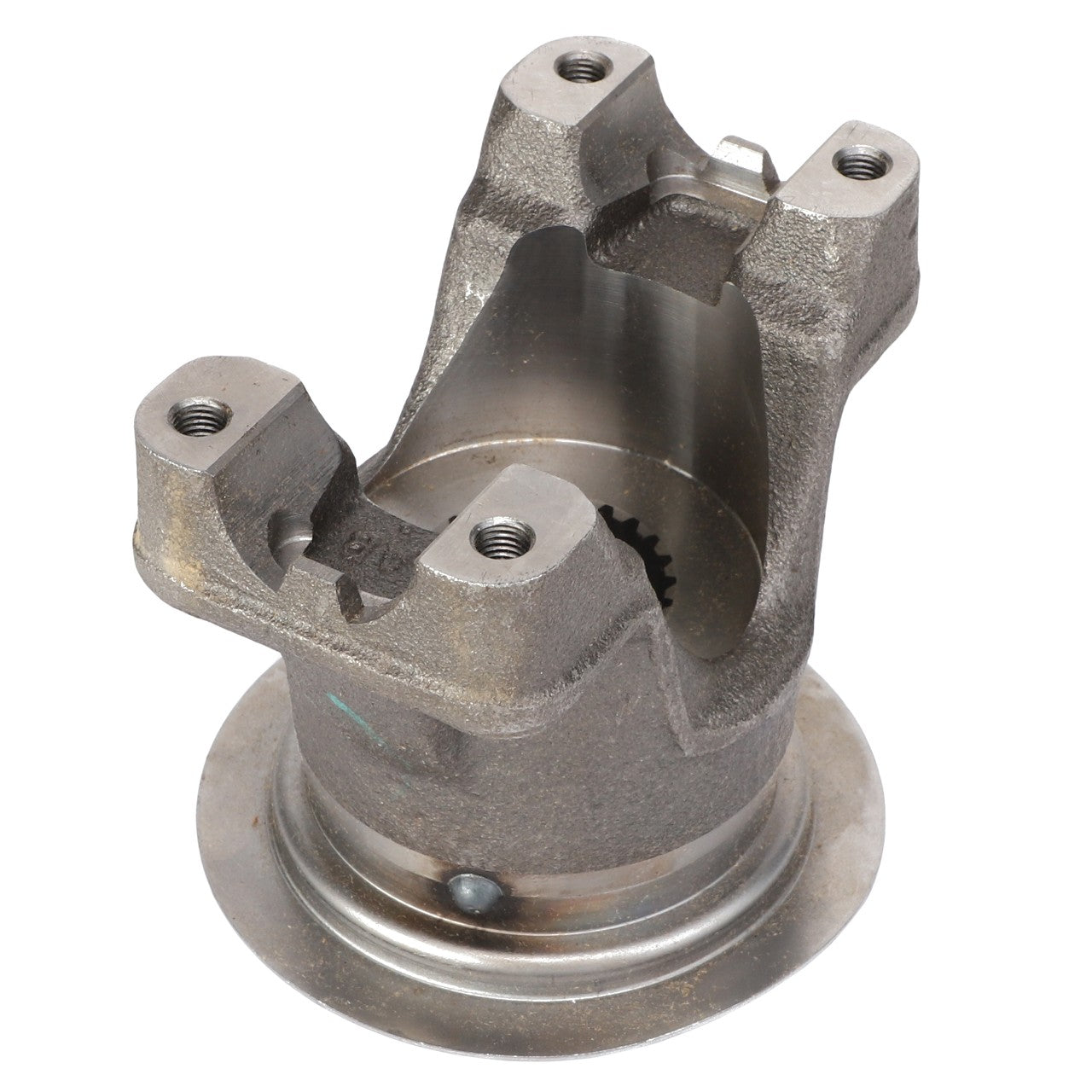 The AGCO | Flange - 3765947M91 is a metal automotive yoke component featuring two mounting holes at the top, a hollow cylindrical center, and a flanged base, designed to be compatible with Massey Ferguson models.