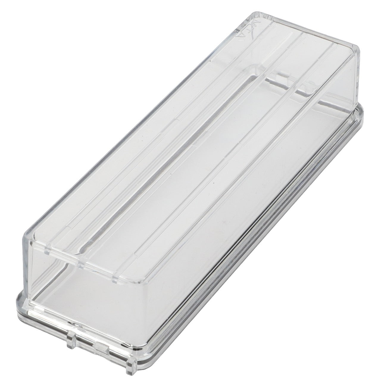 Introducing the AGCO | COVER - 0.010.2754.0, a transparent, rectangular plastic storage container with a lid, featuring grooved lines on the top surface. For ordering or product questions, please contact our support team.