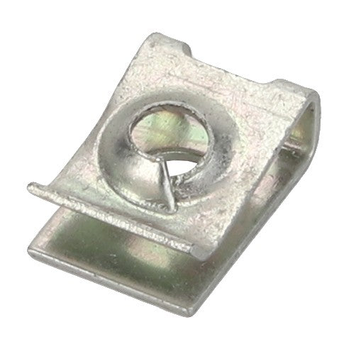 Close-up image of the AGCO | CLIP - D43422501, a metal spring nut featuring a rectangular body and a round threaded hole. No current product description information is available for this item.
