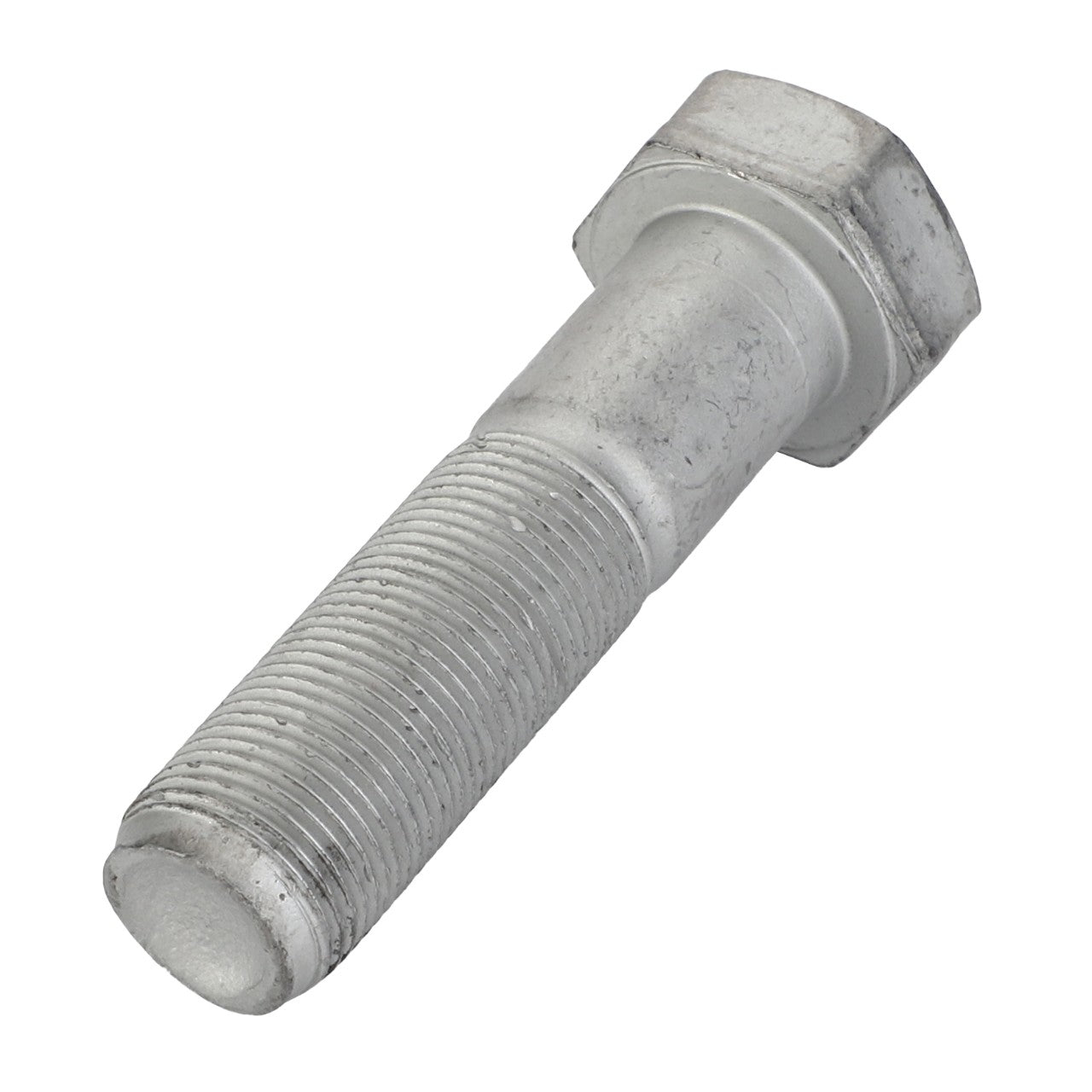 A close-up view of the AGCO Hexagonal Head Bolt - Acp0704420, showcasing its silver finish and detailed threading, lying on a white background.