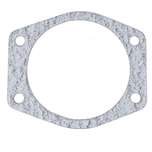 A metallic, round gasket known as the AGCO | Joint - 4222931M1, featuring a hole in each of its four corners, commonly used in machinery or automotive applications from the brand AGCO.