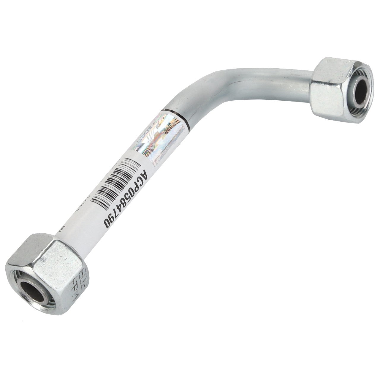 A silver, bent metal hose with hexagonal fittings at both ends, labeled with a barcode and product number ACD9084F190. According to AGCO, this is the Fuel Piping - Acp0584790. No current product description available.