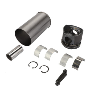 A collection of mechanical components by AGCO, suitable for Massey Ferguson Models, including a cylindrical sleeve, a piston, bearings, circlips, a pin and bolts from the AGCO Repair Kit - U716200110000 is arranged against a plain white background.