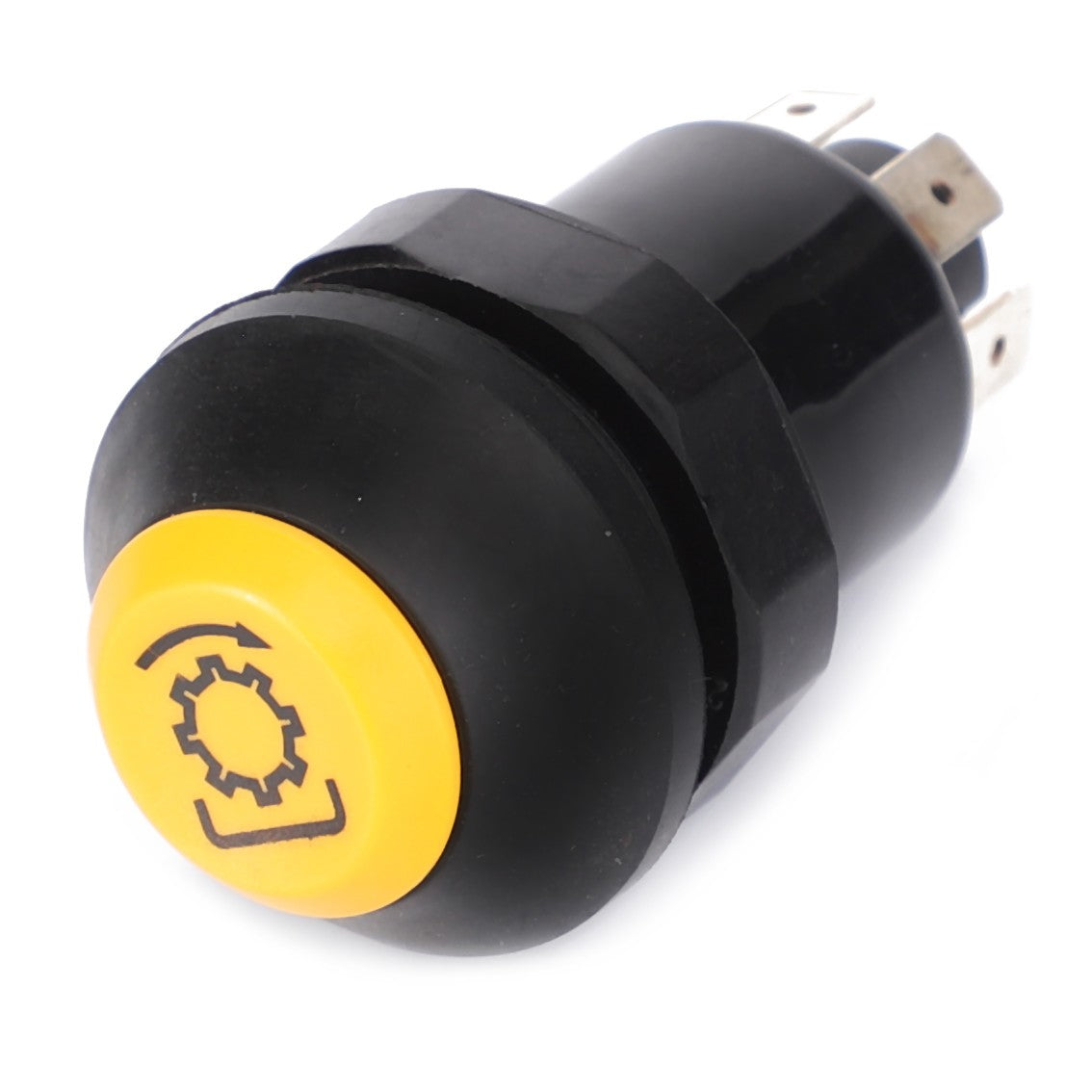 AGCO's Tip Switch (F329900040250) is a yellow and black round push button switch with metal terminals, featuring a gear icon on the button surface. No current product description available.