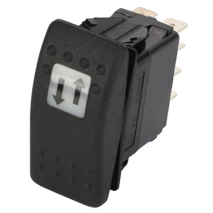 The AGCO SWITCH - D45050066 is a black rocker switch featuring a white symbol of two opposite-facing arrows on its surface, intended for electronic or electrical use. It has visible metal connectors on the back but comes with no current product description information available.