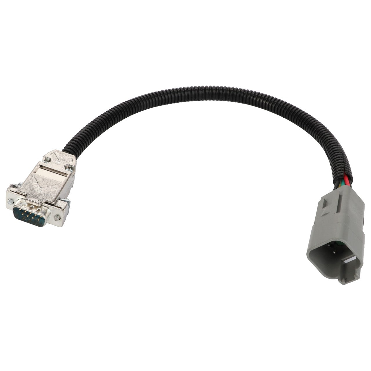 Introducing the AGCO Adapter - Acp0000920: a sleek, black coiled computer cable featuring an RS232 connector on one end and a gray automotive connector on the other, ideal for seamless data transfer and reliable performance.