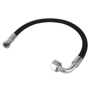 There is no current product description for the AGCO Hydraulic Hose - Acw2181400, a flexible black hose with metal fittings on both ends, one of which is angled.