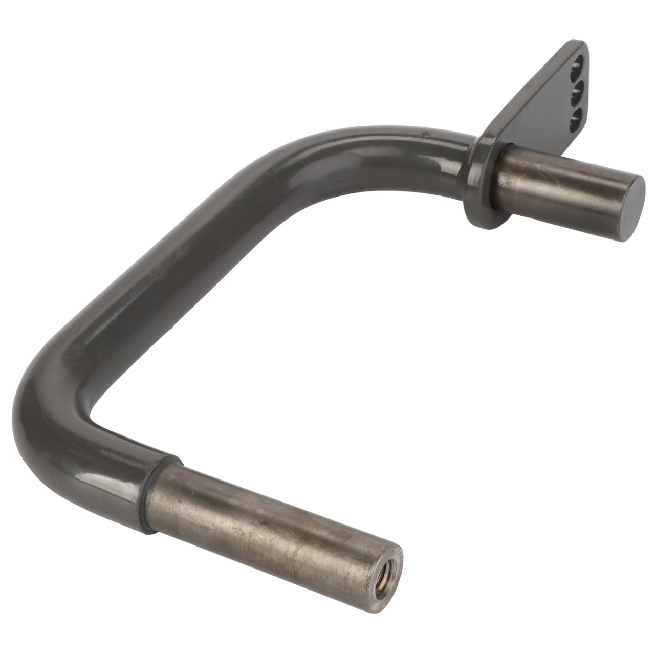 No current product description available for the AGCO | Axle - Fel15252109, a metallic double-pronged support bracket with a right-angled design and mounting holes on one side.