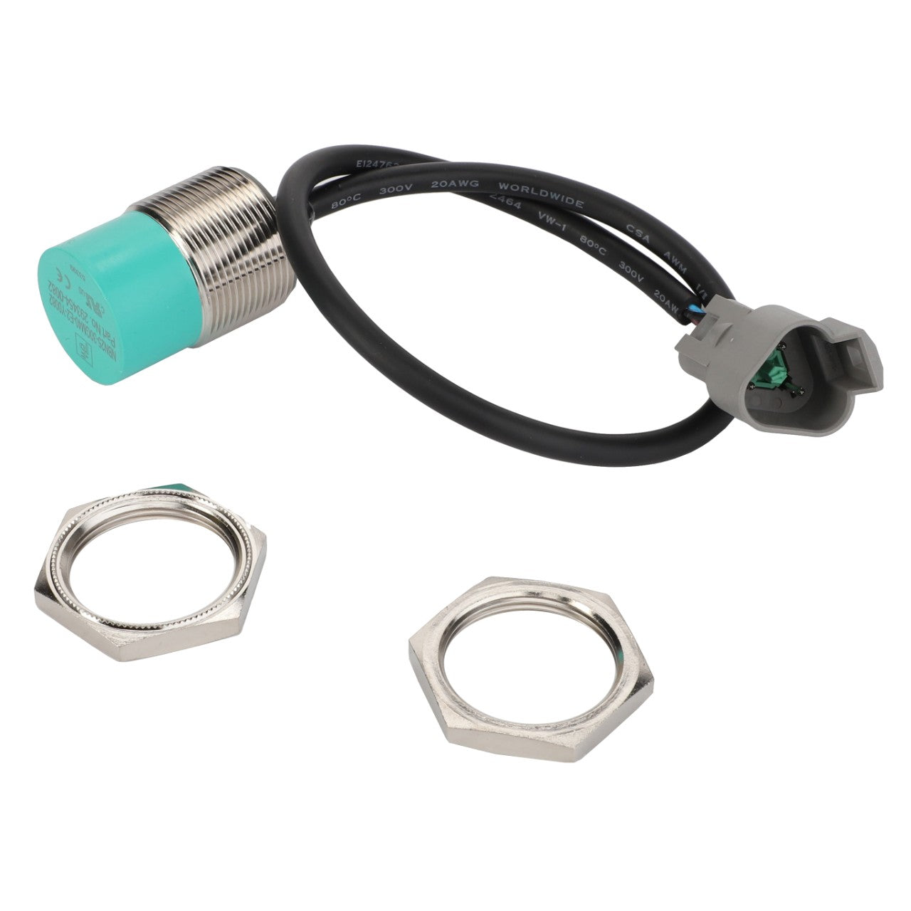 The AGCO Sensor Bale Wrapping and Emergency Stop - 0971-39-28-00 features a cylindrical design with a green tip, a black cable connected to a gray plug, and two metallic nuts for mounting, making it perfect for integration with Fendt Rotana equipment.