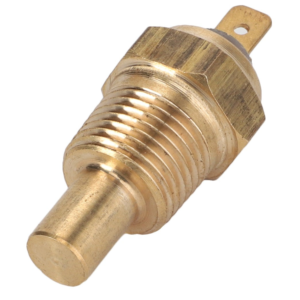 A close-up view of the AGCO Temperature Sensor (ACP0197760) featuring a brass body with a hexagonal nut near its base, showcasing its finely crafted details.