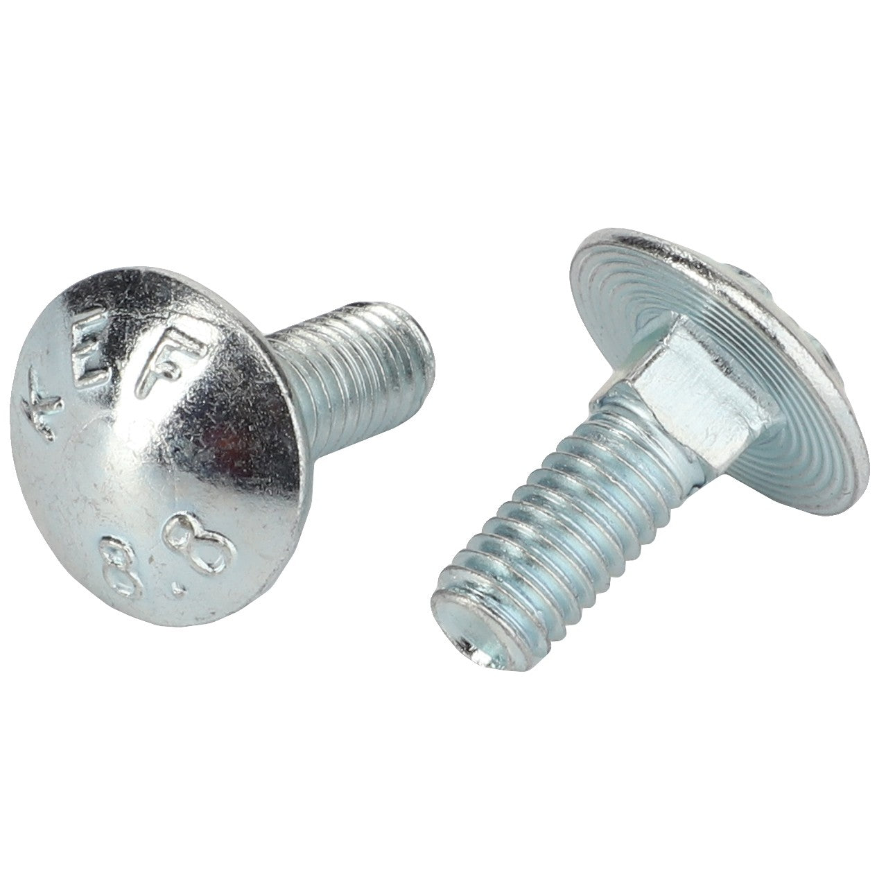 Two AGCO Flat Head Capscrews (product code 0903-10-15-00) featuring silver metal, flat, rounded heads with engraved markings; the threaded shafts vary in their orientation, reminiscent of components found in Fendt Models.