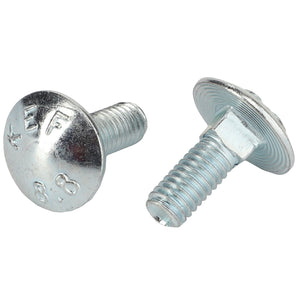 Two AGCO Flat Head Capscrews (product code 0903-10-15-00) featuring silver metal, flat, rounded heads with engraved markings; the threaded shafts vary in their orientation, reminiscent of components found in Fendt Models.