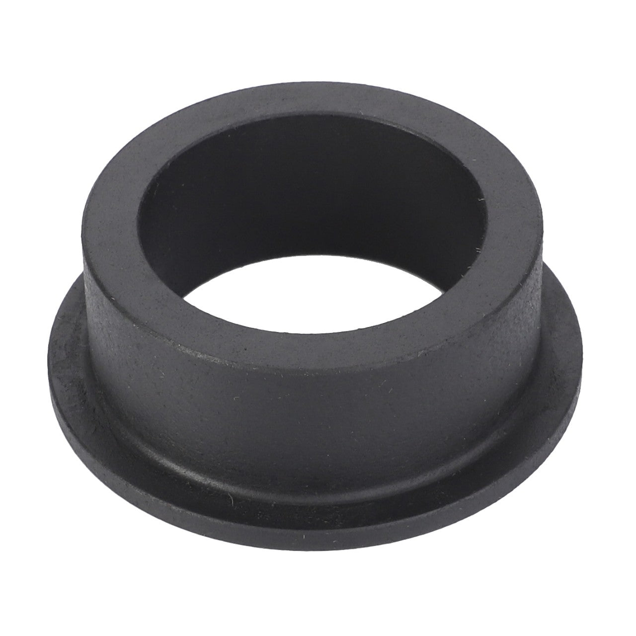 Close-up of the AGCO Bush, Cleaning Drive Arm - D28430221, a black rubber grommet with a cylindrical shape, an inner hole, and a flanged edge, ensuring peak efficiency and maximum uptime when used with AGCO Parts Genuine products.