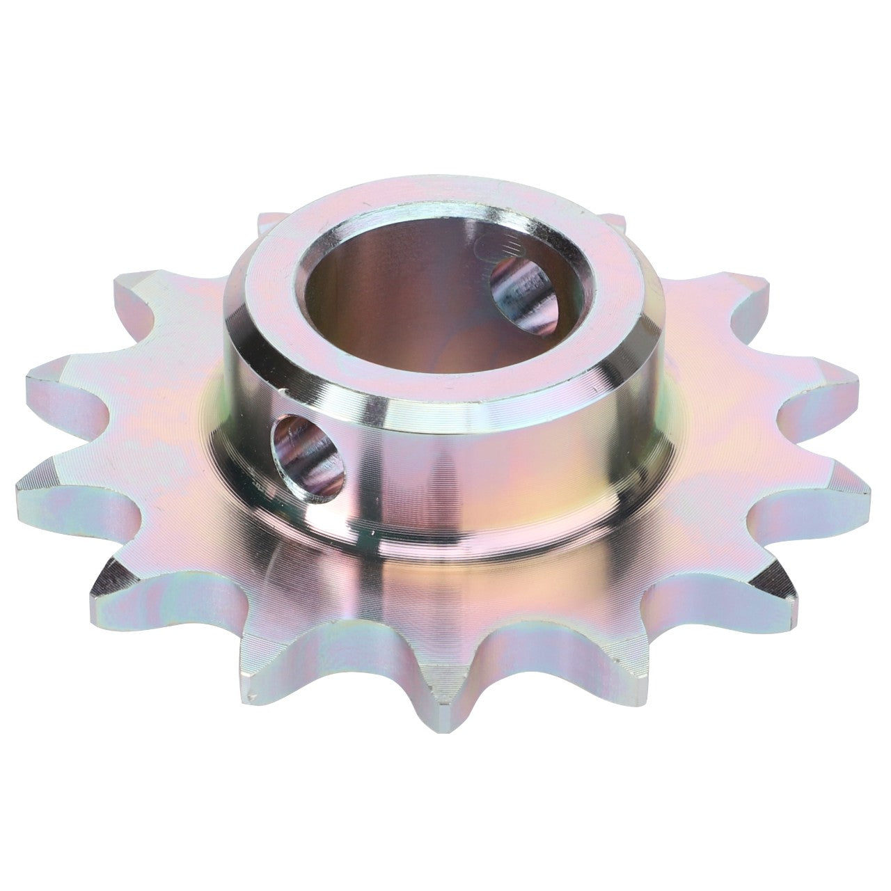 The AGCO Sprocket Wheel - Acw1701170 is a metallic mechanical gear with 12 teeth and a central hole for attachment. This gear features a smooth, reflective surface with a slight iridescent finish. Currently, there are no detailed product description details available for this AGCO-branded item.