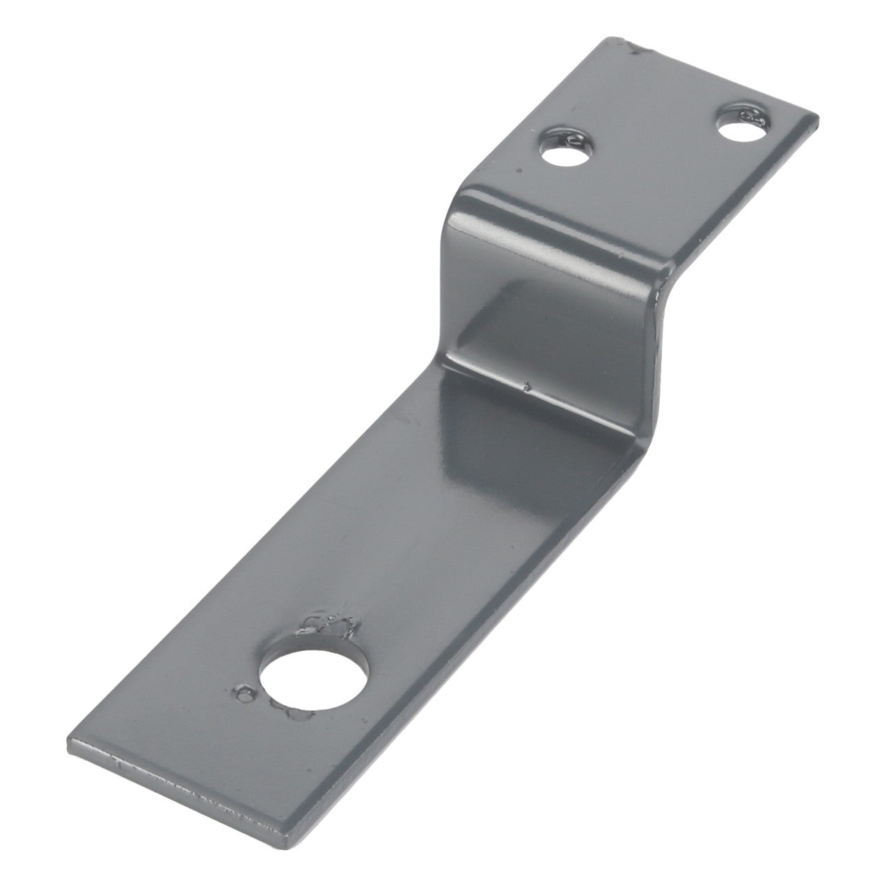 The AGCO | BRACKET - D28986703 is a gray metal bracket featuring three holes for mounting or connecting objects. One end of the bracket is flat with two holes, while the opposite end is raised at a right angle and has a single hole. Please note: No additional product description information is available beyond this overview.