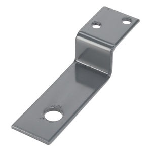 The AGCO | BRACKET - D28986703 is a gray metal bracket featuring three holes for mounting or connecting objects. One end of the bracket is flat with two holes, while the opposite end is raised at a right angle and has a single hole. Please note: No additional product description information is available beyond this overview.