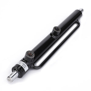 The AGCO | CYLINDER - AL12713210 by AGCO is a black hydraulic cylinder featuring two ports and a metallic rod extending from one end.