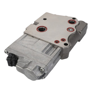 Image of an AGCO Directional Valve - Acw511098E, an automotive component with a bulky, rectangular shape featuring several circular openings, including red-ringed holes and screws. No current product description information is available.