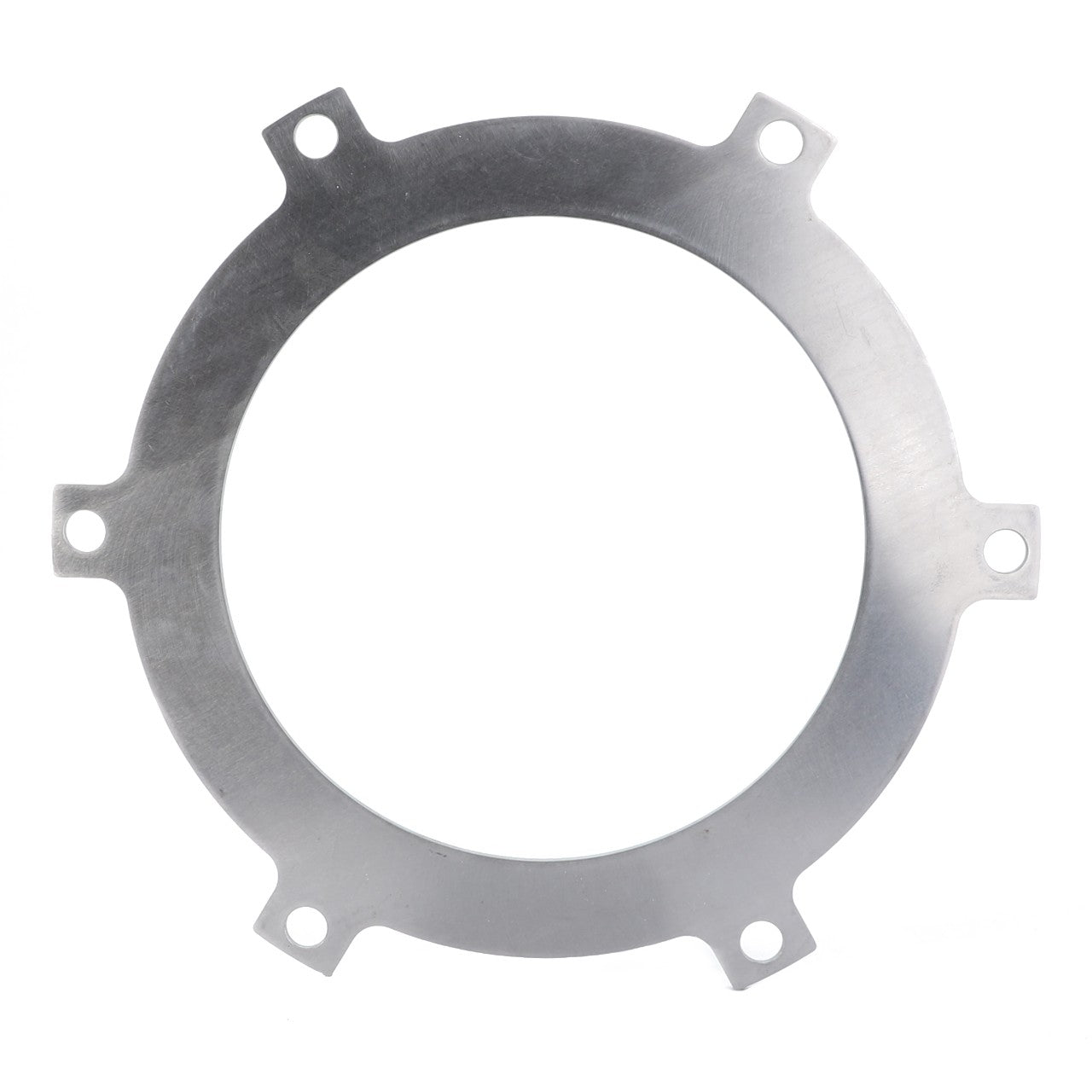 An AGCO Clutch Plate, Intermediate (Product ID: 3790271M1) featuring a metallic circular design with five equally spaced protruding tabs, each equipped with a mounting hole, compatible with Massey Ferguson models and authenticated as Genuine AGCO Parts.