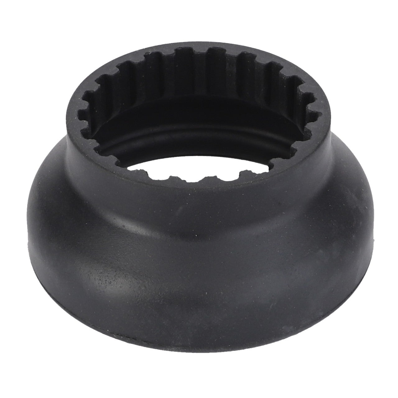 A black, round mechanical part with a grooved, gear-like inner ring and a wider, smooth outer base, reminiscent of the precision engineering found in AGCO's Bellows - 4290070M1.