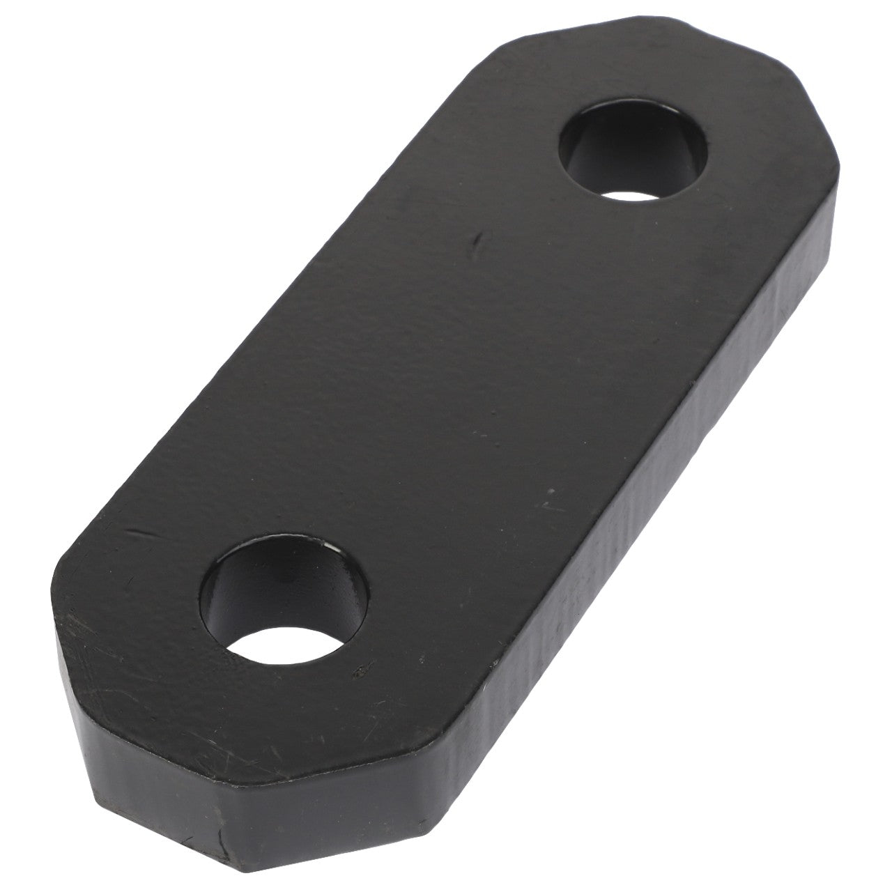 A black AGCO rectangular metal plate, model SPACER PLATE - AL381313, featuring two circular holes positioned near each end. No additional product description information is available.