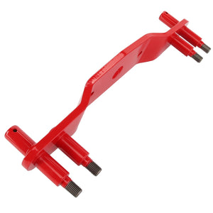 The AGCO Lever - Fel15002201, a red metal bracket from AGCO, features four threaded bolts extending from each end. Designed for both mechanical and automotive use, this robust piece ensures reliable performance and durability. While no formal product description is currently available, its quality construction speaks for itself.