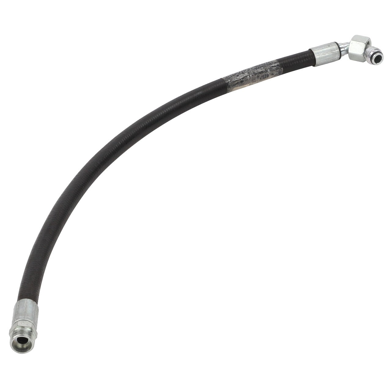 The AGCO HYDR. HOSE - D45130043 is a black, flexible hydraulic brake hose featuring polished metal connectors on both ends, with a slight curvature for seamless integration.