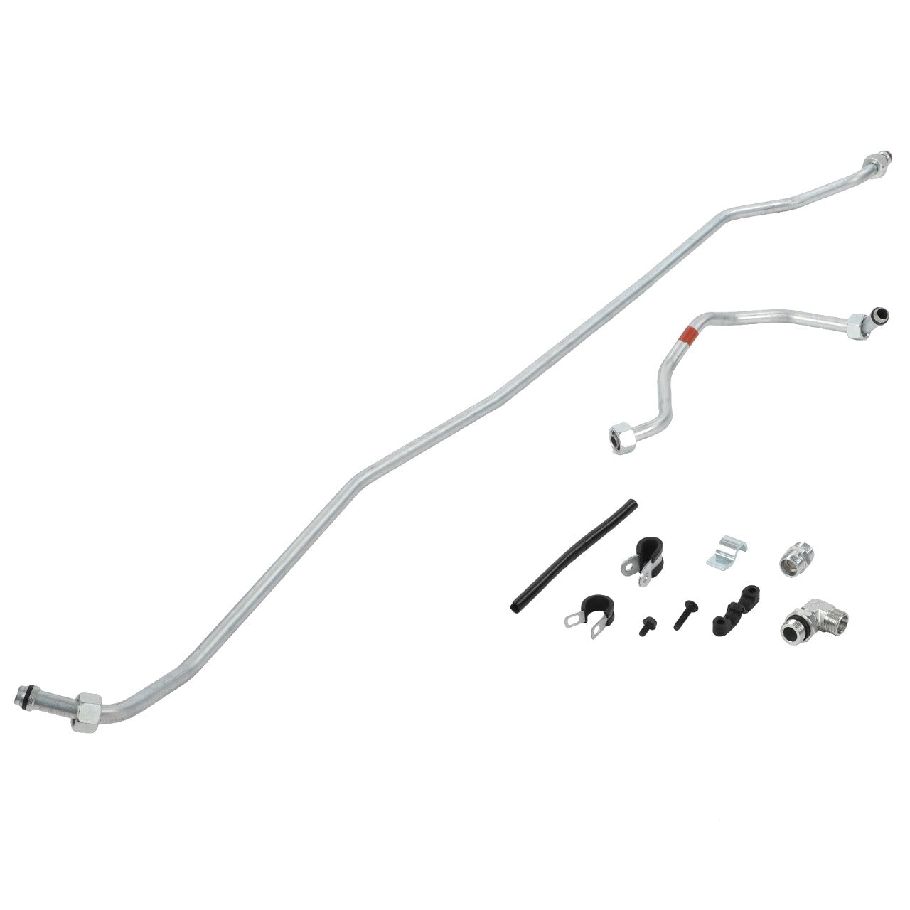 An assortment of automotive parts, including metal pipes, brackets, connectors, and a short length of black tubing from the AGCO Hydraulic Kit - Acp0650360, arranged on a white background.