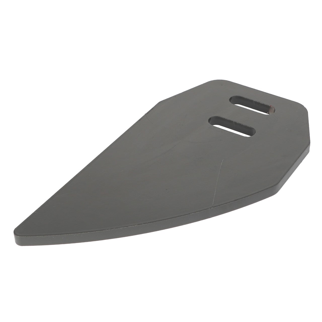 Product: AGCO | Scraper Blade - Acp0017020
Description: This flat, dark gray metal blade features a pointed tip and includes two rectangular slots near the broader end.