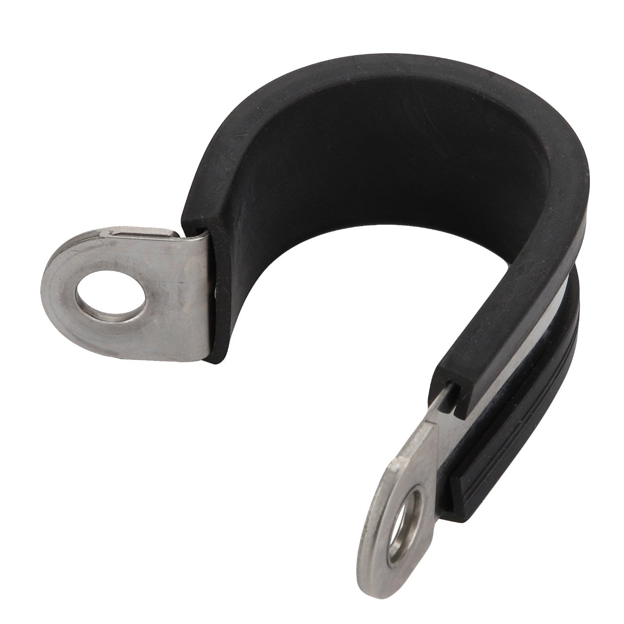 Image of a metal and rubber P-clamp with two mounting holes, branded as AGCO | Clamp - Acw1135600, typically used for securing cables, hoses, or wires. No current product description information is available.