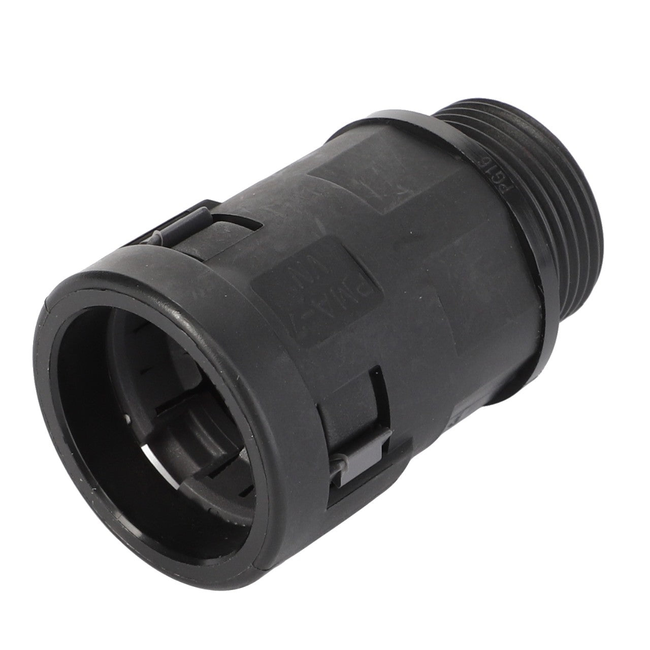 Close-up image of the AGCO Adapter - D45020029, a black plastic cylindrical component featuring various grooves and notches, typically used as a connector or adapter in industrial or mechanical applications. Multiple brand details from AGCO are noted but no further product description information is currently available.