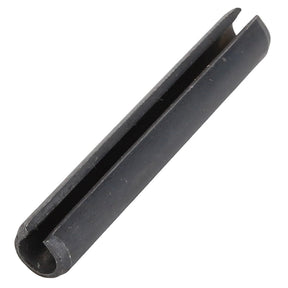 The AGCO Roll Pin - La14607570 is a black cylindrical spring pin with a longitudinal slit running along its entire length.