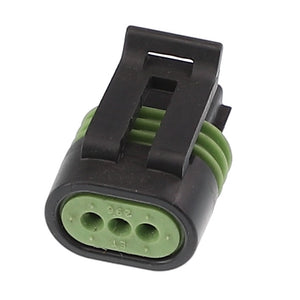 The AGCO | CONNECTOR - AG520853 by AGCO is a sleek black and green three-pin automotive electrical connector featuring a secure clip on top.