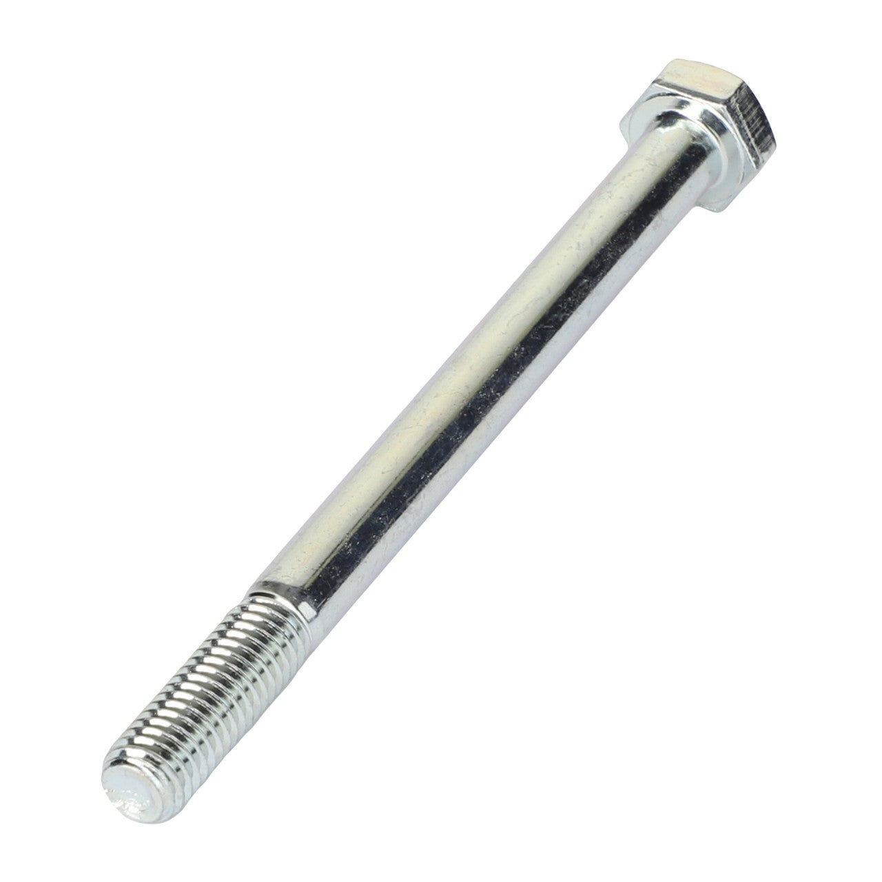 A close-up view of the AGCO | HEXAGONAL HEAD BOLT - 0901-10-72-00, featuring a threaded end and made of shiny metal. No current product description information available.