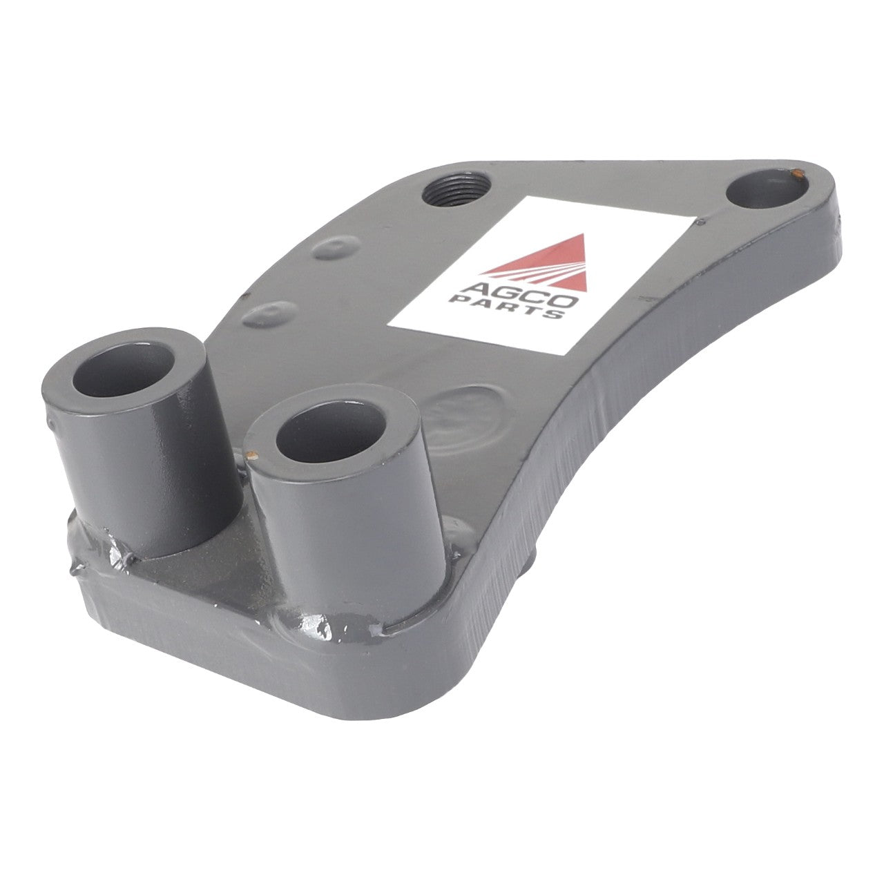 A grey metal component, known as the "AGCO | SUPPORT, RIGHT HAND - AL10411074," featuring two cylindrical openings and an "AGCO Parts" logo on the flat surface. No current product description information is available.