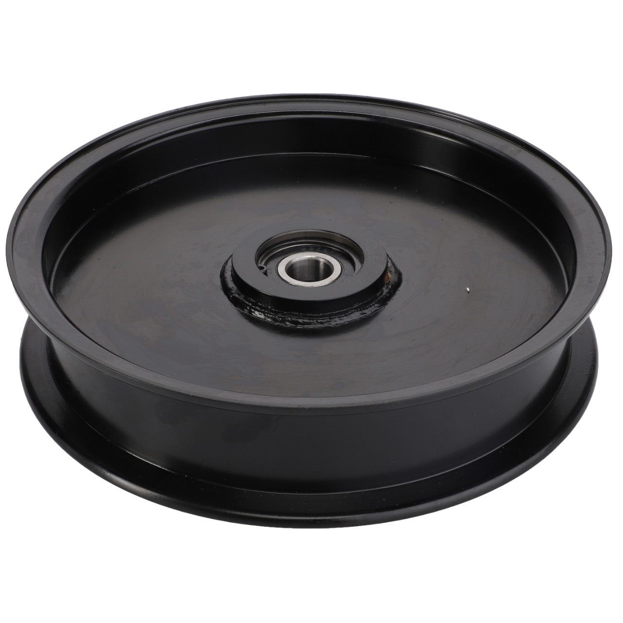 Introducing the AGCO TENSIONER PULLEY - ACY1560370, a sleek black metal pulley featuring a central bearing and a smooth outer rim, brought to you by AGCO.