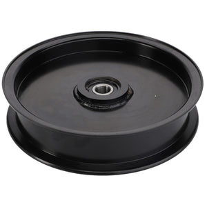 Introducing the AGCO TENSIONER PULLEY - ACY1560370, a sleek black metal pulley featuring a central bearing and a smooth outer rim, brought to you by AGCO.